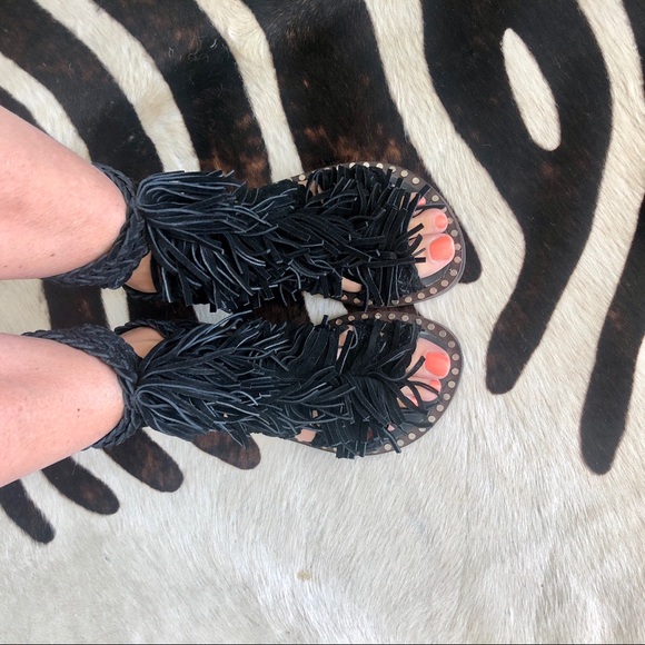 Jeffrey Campbell Black Fringe Gladiator Sandals 6 - Picture 2 of 8